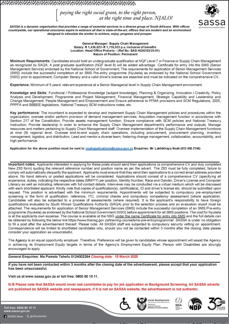 SASSA Opens Applications for General Manager: Supply Chain Management Position